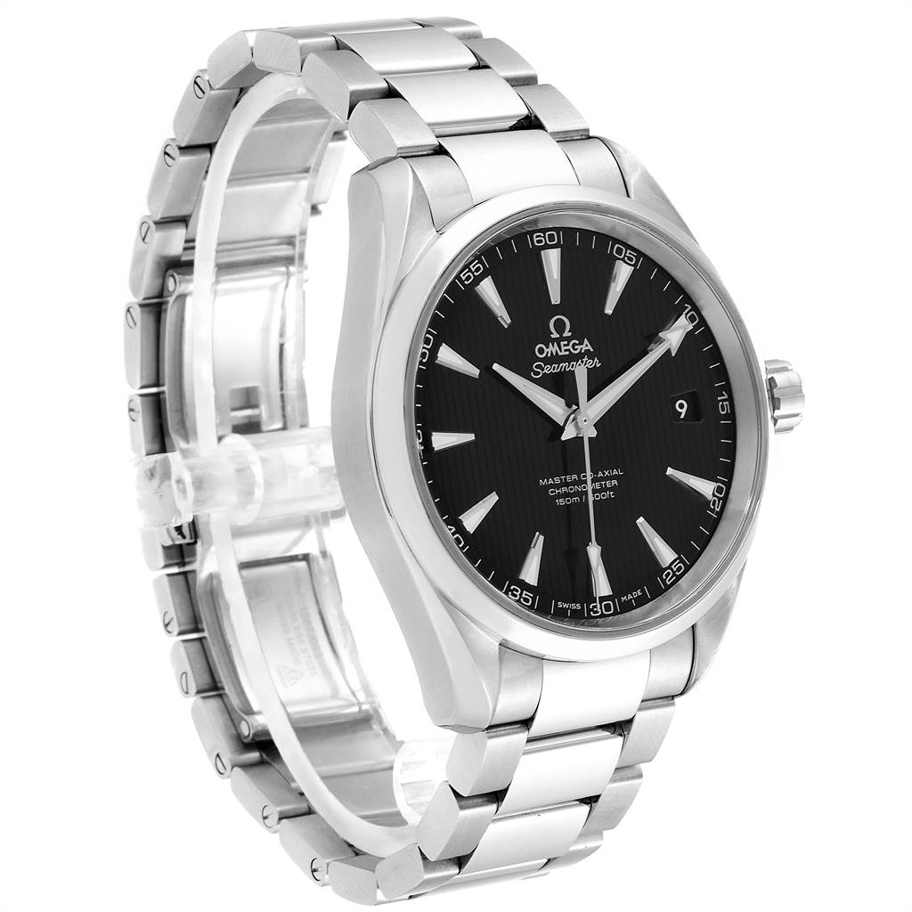 The image shows an Omega Aqua Terra 231.10.42.21.01.003 Men
s Stainless Steel Black Dial 231.10.42.21.01.003 Men
s Stainless Steel Black Dial watch at a slight angle, highlighting the face, bracelet, and side crown.