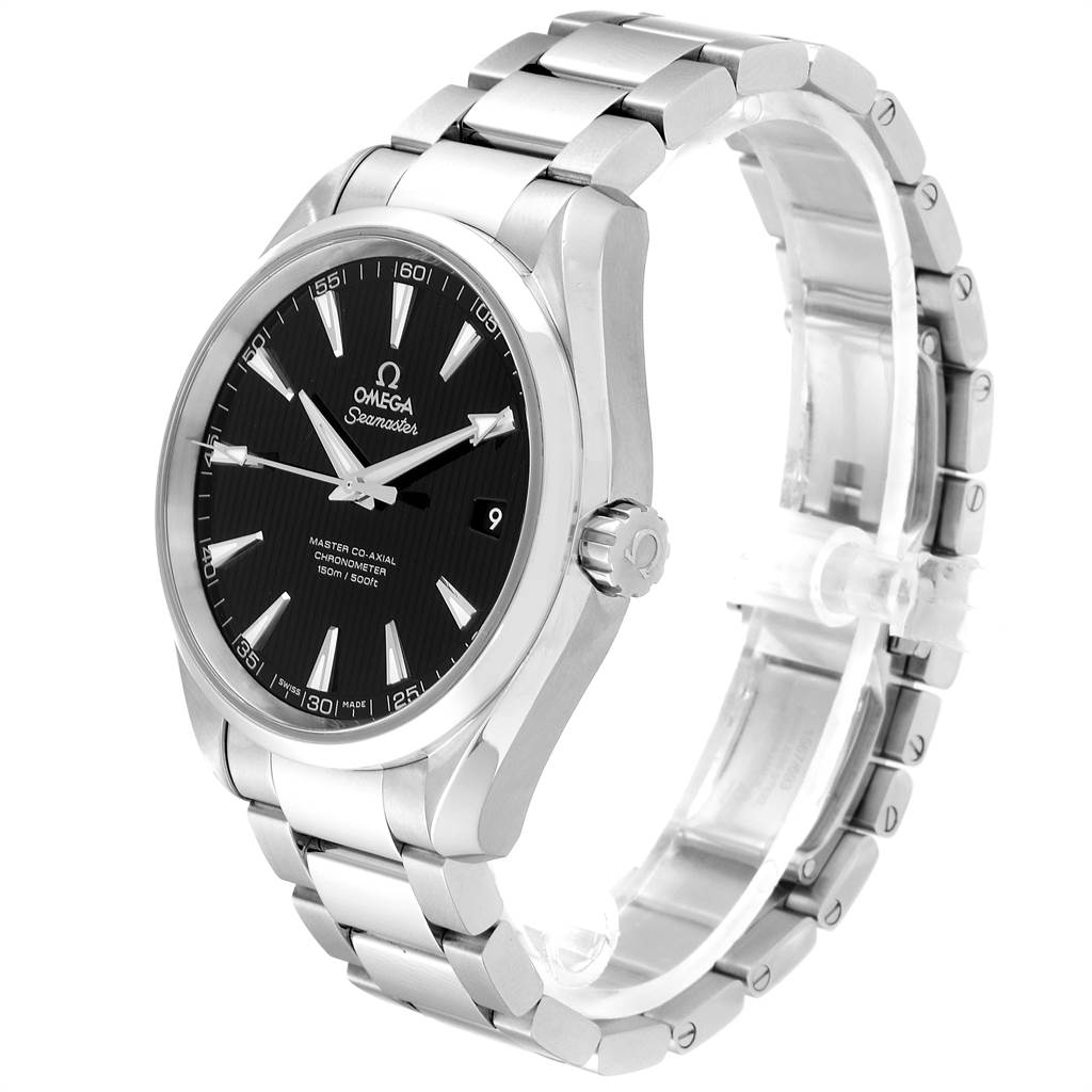 The image shows a side angle of the Omega Aqua Terra 231.10.42.21.01.003 Men
s Stainless Steel Black Dial 231.10.42.21.01.003 Men
s Stainless Steel Black Dial watch, highlighting the face dial, crown, and stainless steel bracelet.