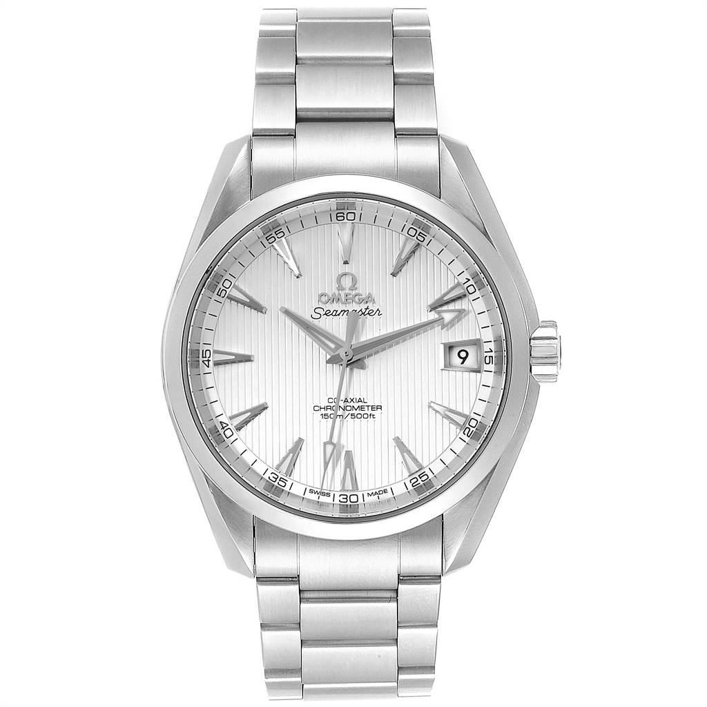 The image shows a front view of the Omega Aqua Terra 231.10.39.21.02.001 Men
s Stainless Steel Silver Dial 231.10.39.21.02.001 Men
s Stainless Steel Silver Dial Seamaster watch, displaying its face, bezel, and bracelet.