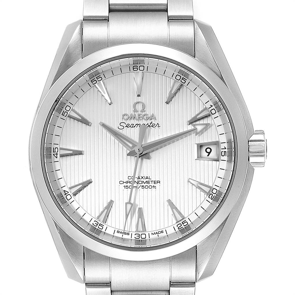 The image shows a front view of the Omega Aqua Terra 231.10.39.21.02.001 Men
s Stainless Steel Silver Dial 231.10.39.21.02.001 Men
s Stainless Steel Silver Dial Seamaster, showcasing the dial, hands, date window, and part of the bracelet.