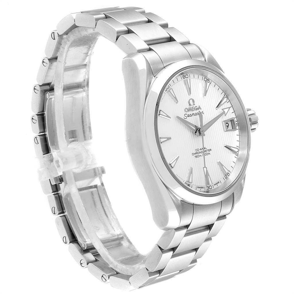 The Omega Aqua Terra 231.10.39.21.02.001 Men
s Stainless Steel Silver Dial 231.10.39.21.02.001 Men
s Stainless Steel Silver Dial watch is shown at a slight angle from the front, displaying the face, crown, and stainless steel bracelet.