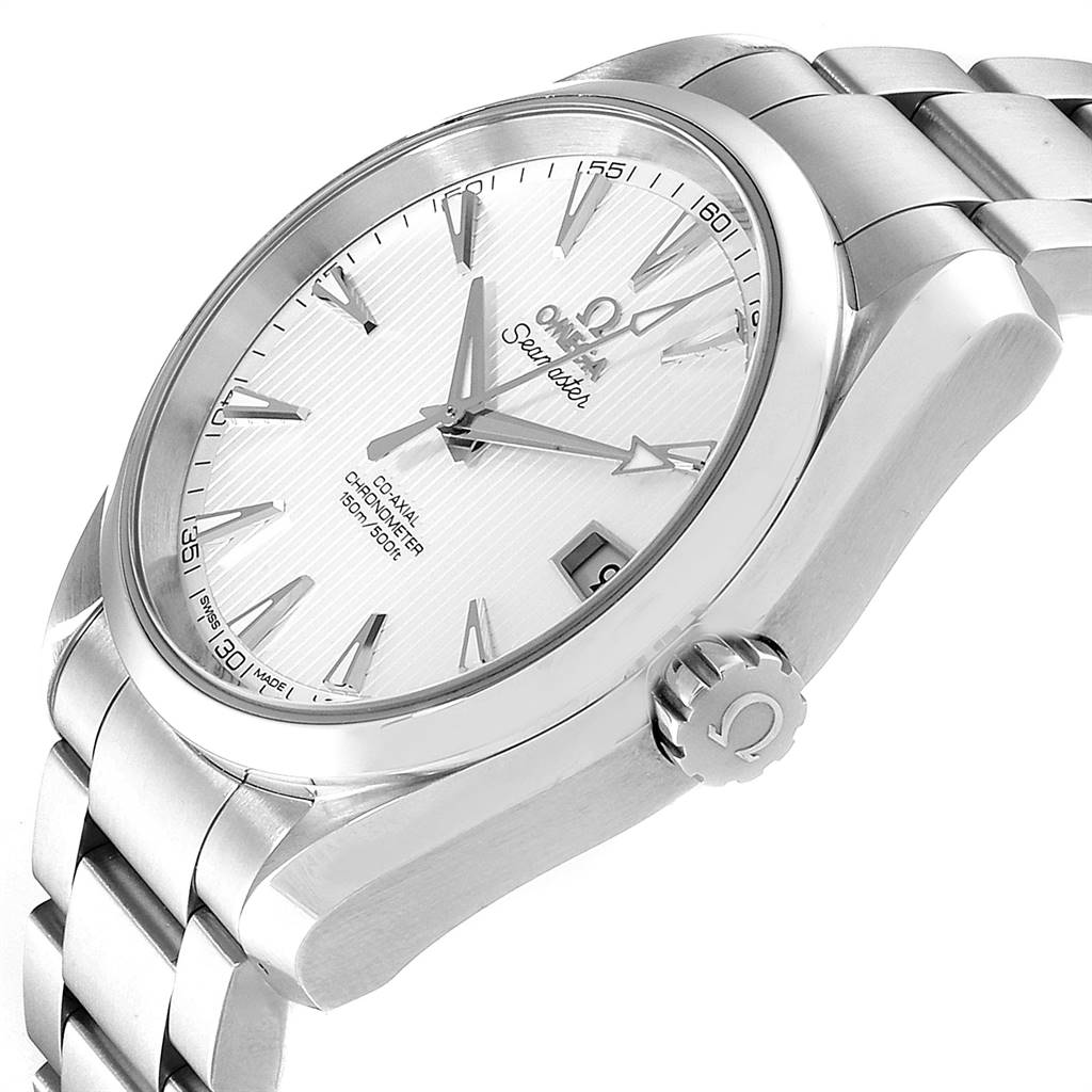 The image shows a side angle of an Omega Aqua Terra 231.10.39.21.02.001 Men
s Stainless Steel Silver Dial 231.10.39.21.02.001 Men
s Stainless Steel Silver Dial watch displaying the face, bezel, crown, and metal band.