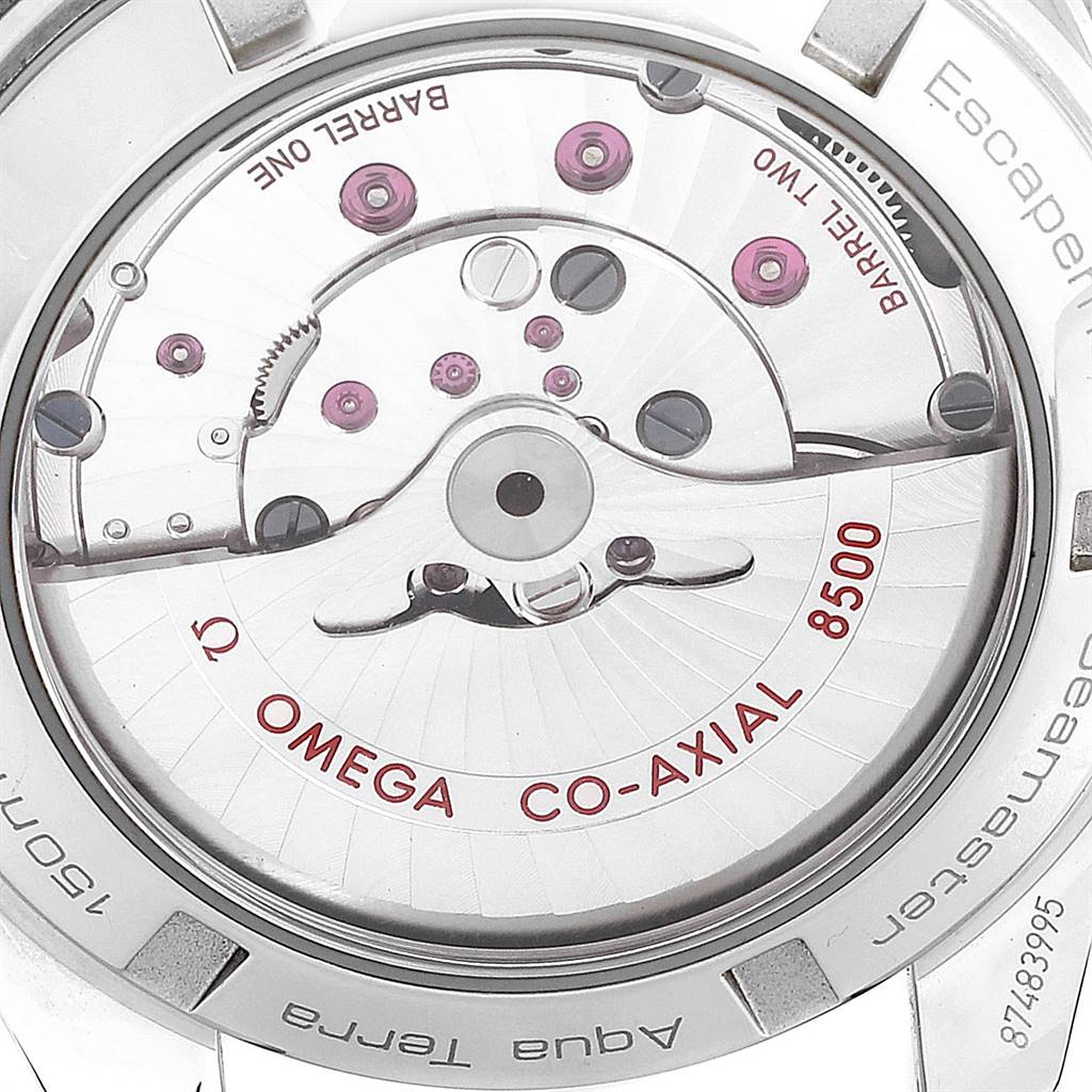 This image shows the movement mechanism and back casing of the Omega Aqua Terra 231.10.39.21.02.001 Men
s Stainless Steel Silver Dial 231.10.39.21.02.001 Men
s Stainless Steel Silver Dial Co-Axial 8500 watch from a close-up angle.
