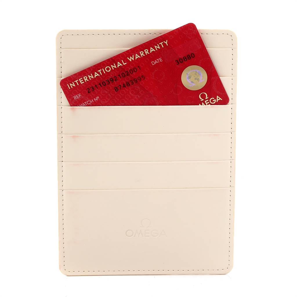 The image shows an Omega Aqua Terra 231.10.39.21.02.001 Men
s Stainless Steel Silver Dial 231.10.39.21.02.001 Men
s Stainless Steel Silver Dial watch
s international warranty card in a cream-colored holder.