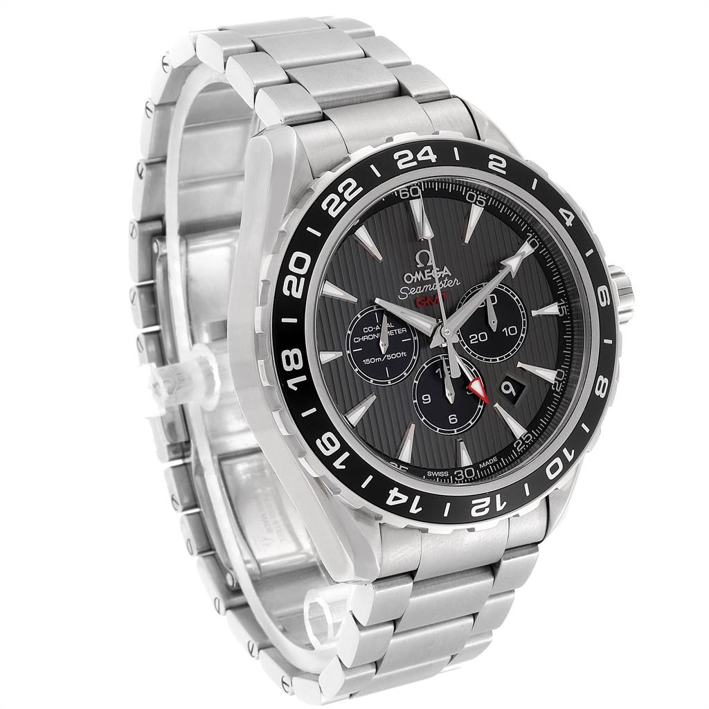 The image shows the front and left side of an Omega Aqua Terra 231.10.44.52.06.001 Men's Stainless Steel Grey Dial 231.10.44.52.06.001 Men's Stainless Steel Grey Dial Seamaster watch, highlighting its face and stainless steel bracelet.