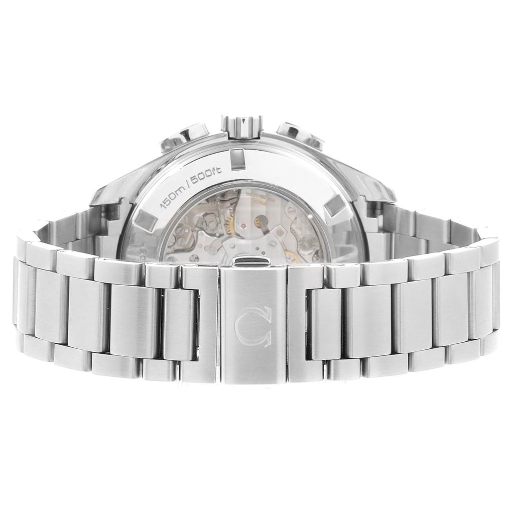 The image shows the back and bracelet of the Omega Aqua Terra 231.10.44.52.06.001 Men's Stainless Steel Grey Dial 231.10.44.52.06.001 Men's Stainless Steel Grey Dial watch, highlighting the transparent case back and clasp.