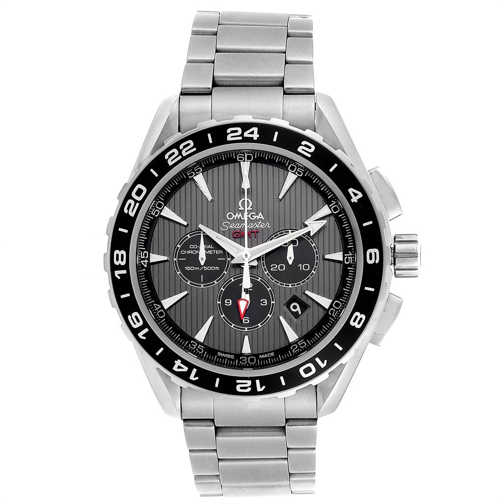 The image shows a front view of the Omega Aqua Terra 231.10.44.52.06.001 Men's Stainless Steel Grey Dial 231.10.44.52.06.001 Men's Stainless Steel Grey Dial Seamaster GMT watch, displaying the face, bezel, and metal bracelet.