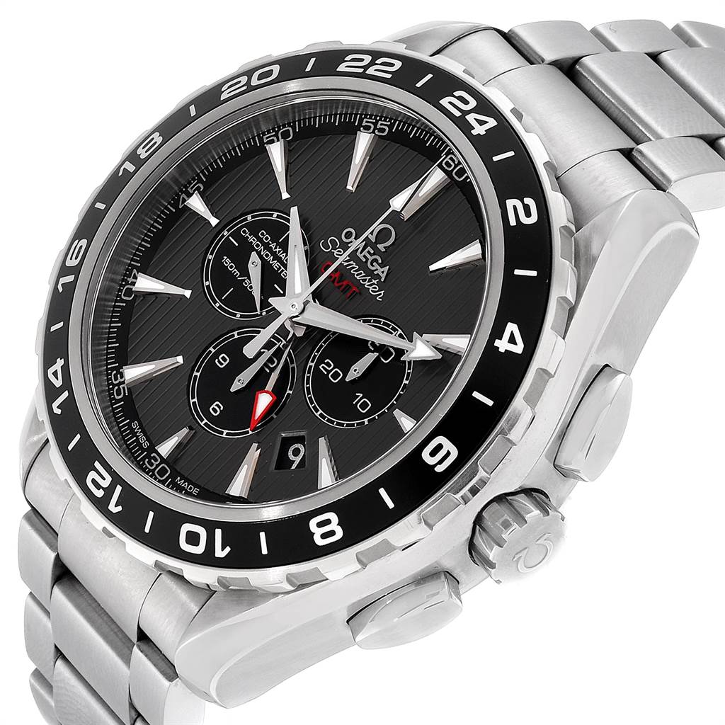 The image shows a close-up, angled view of an Omega Aqua Terra 231.10.44.52.06.001 Men's Stainless Steel Grey Dial 231.10.44.52.06.001 Men's Stainless Steel Grey Dial Seamaster watch highlighting its face, bezel, and part of the bracelet.