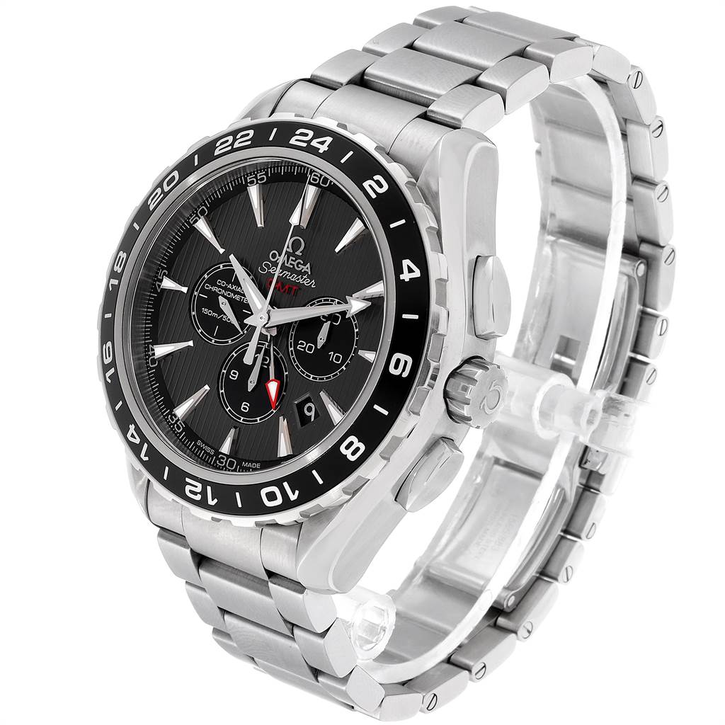 The image shows a side-angle view of the Omega Aqua Terra 231.10.44.52.06.001 Men's Stainless Steel Grey Dial 231.10.44.52.06.001 Men's Stainless Steel Grey Dial watch, highlighting the face, bezel, crown, and bracelet.