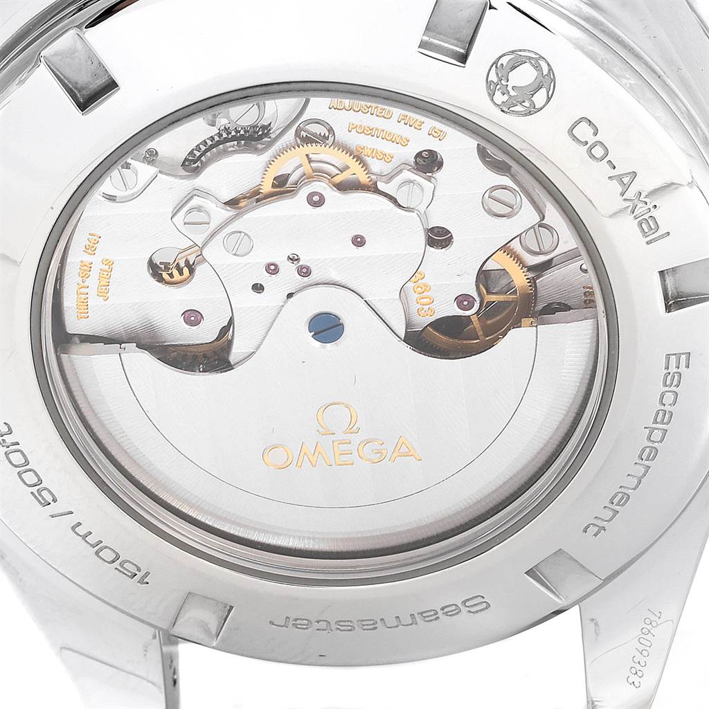 This image shows the back view of the Omega Aqua Terra 231.10.44.52.06.001 Men's Stainless Steel Grey Dial 231.10.44.52.06.001 Men's Stainless Steel Grey Dial watch, highlighting its Co-Axial escapement mechanism.