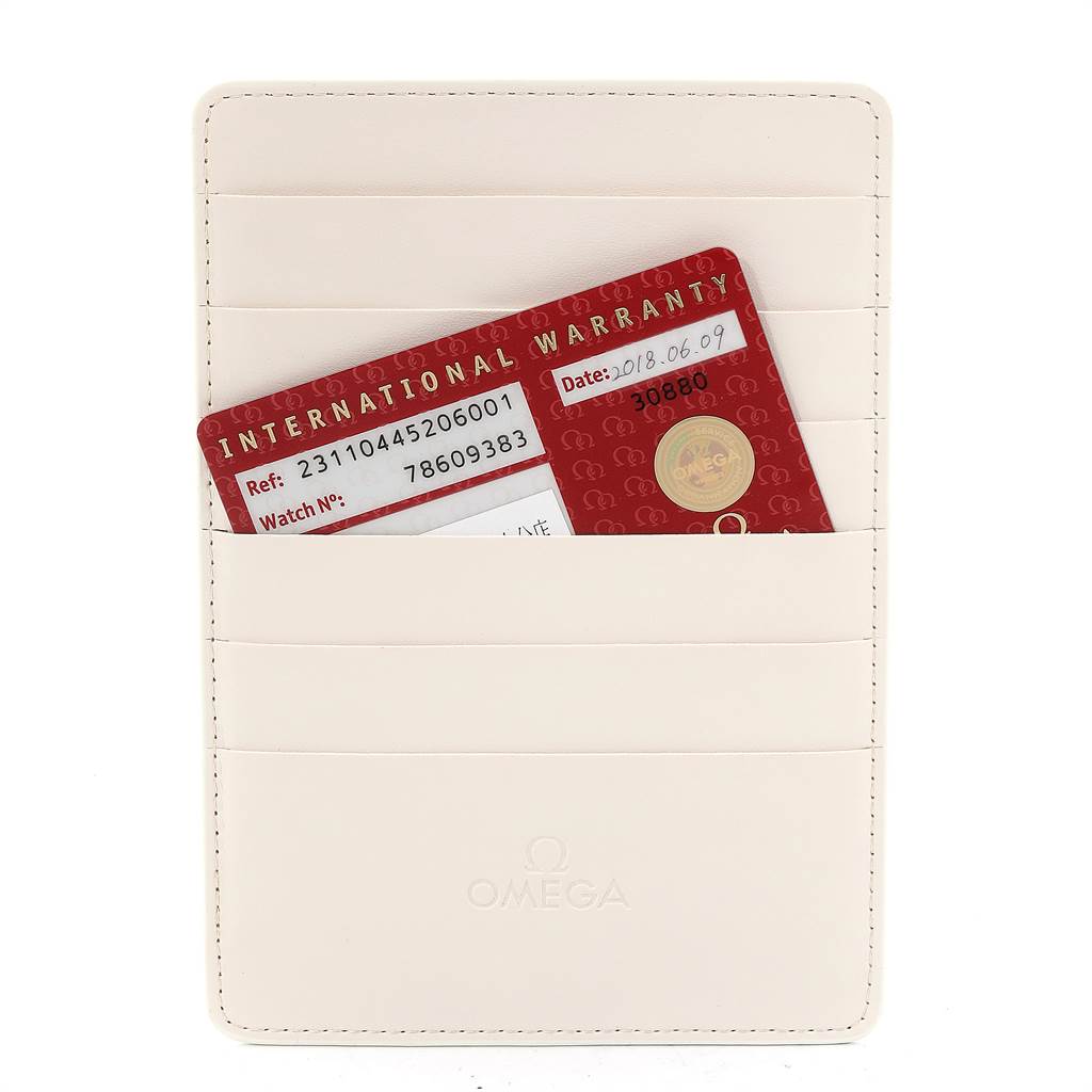 This image shows an international warranty card and cardholder for the Omega Aqua Terra 231.10.44.52.06.001 Men's Stainless Steel Grey Dial 231.10.44.52.06.001 Men's Stainless Steel Grey Dial watch model.