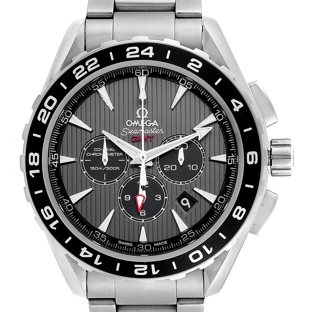 This image shows a front view of the Omega Aqua Terra 231.10.44.52.06.001 Men's Stainless Steel Grey Dial 231.10.44.52.06.001 Men's Stainless Steel Grey Dial Seamaster watch, displaying its face, bezel, and metal bracelet.