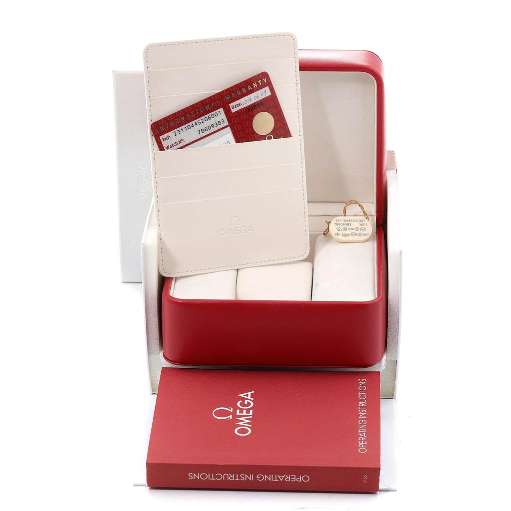 The image shows an Omega Aqua Terra 231.10.44.52.06.001 Men's Stainless Steel Grey Dial 231.10.44.52.06.001 Men's Stainless Steel Grey Dial watch box, warranty cards, and operating instructions viewed from the front.