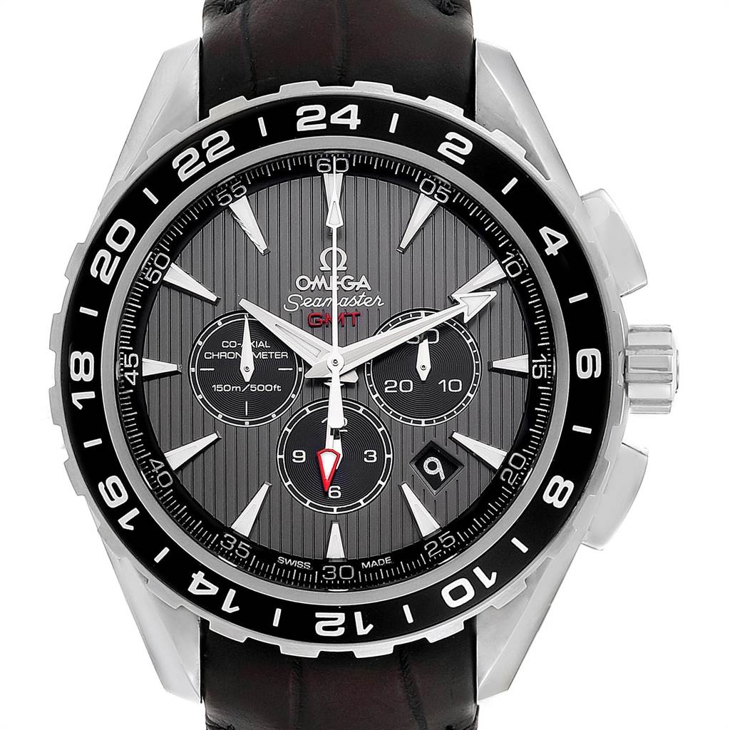 The Omega Aqua Terra 231.13.44.52.06.001 Men's Stainless Steel Grey Dial 231.13.44.52.06.001 Men's Stainless Steel Grey Dial watch is shown from the front, highlighting its dial, bezel, hands, and leather strap.