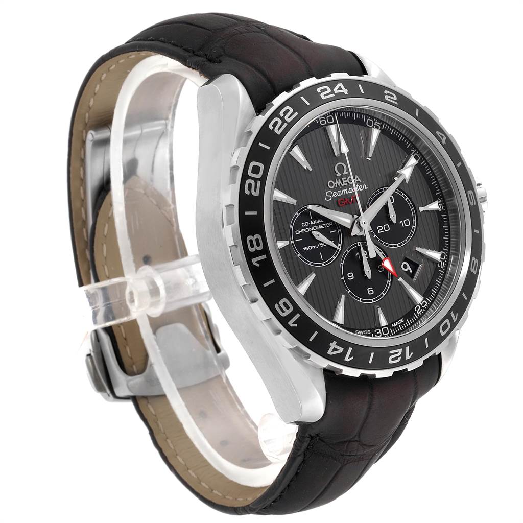 This Omega Aqua Terra 231.13.44.52.06.001 Men's Stainless Steel Grey Dial 231.13.44.52.06.001 Men's Stainless Steel Grey Dial watch is shown at a side angle, highlighting its black leather strap, bezel, dial, and chronograph subdials.