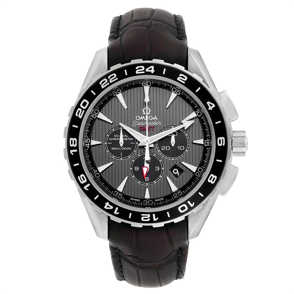 The image shows a front view of the Omega Aqua Terra 231.13.44.52.06.001 Men's Stainless Steel Grey Dial 231.13.44.52.06.001 Men's Stainless Steel Grey Dial model watch, highlighting its black dial and leather strap.