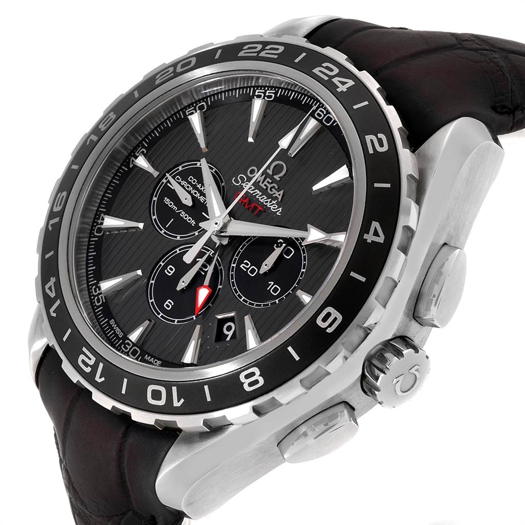 This image shows an angled view of an Omega Aqua Terra 231.13.44.52.06.001 Men's Stainless Steel Grey Dial 231.13.44.52.06.001 Men's Stainless Steel Grey Dial watch, highlighting the dial, bezel, crown, and strap.