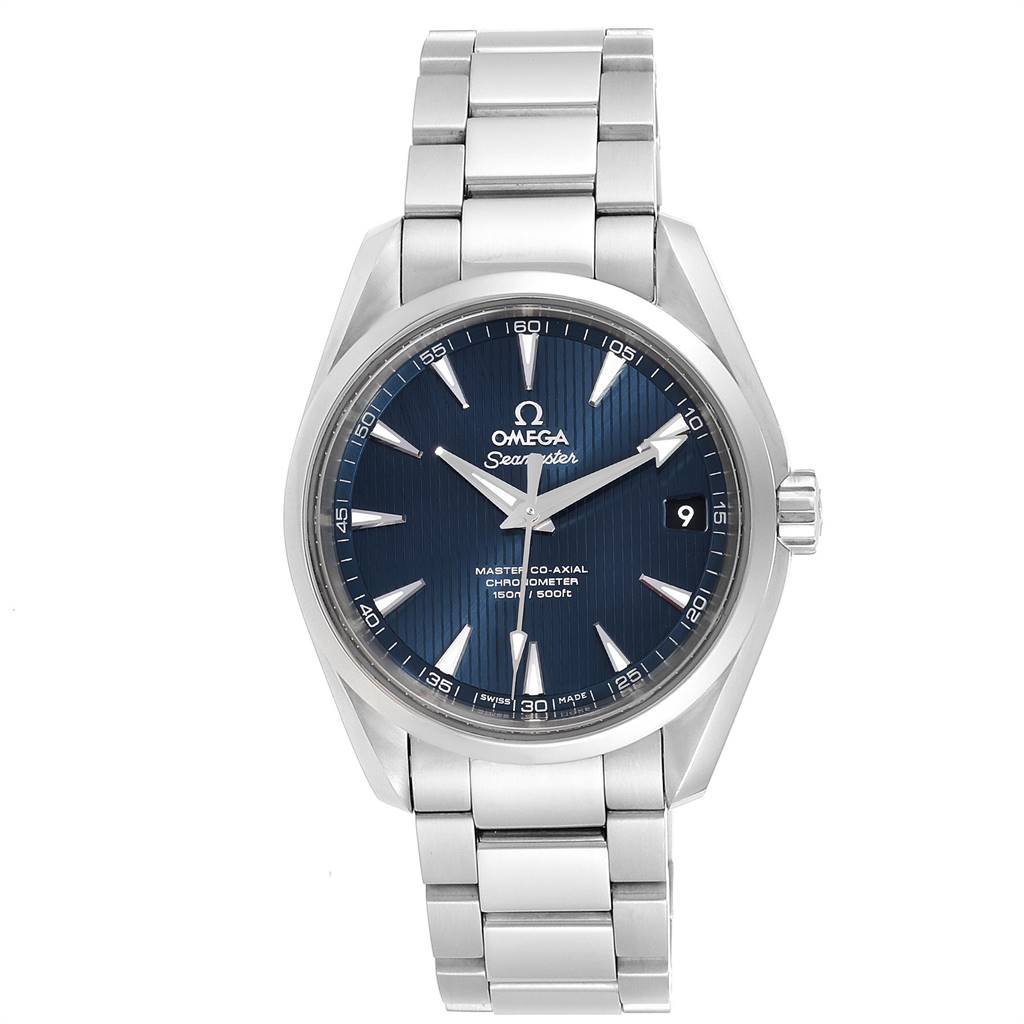 This image shows a front view of the Omega Aqua Terra 231.10.39.21.03.002 Men
s Stainless Steel Blue Dial 231.10.39.21.03.002 Men
s Stainless Steel Blue Dial watch, displaying its face, bezel, crown, and stainless steel bracelet.