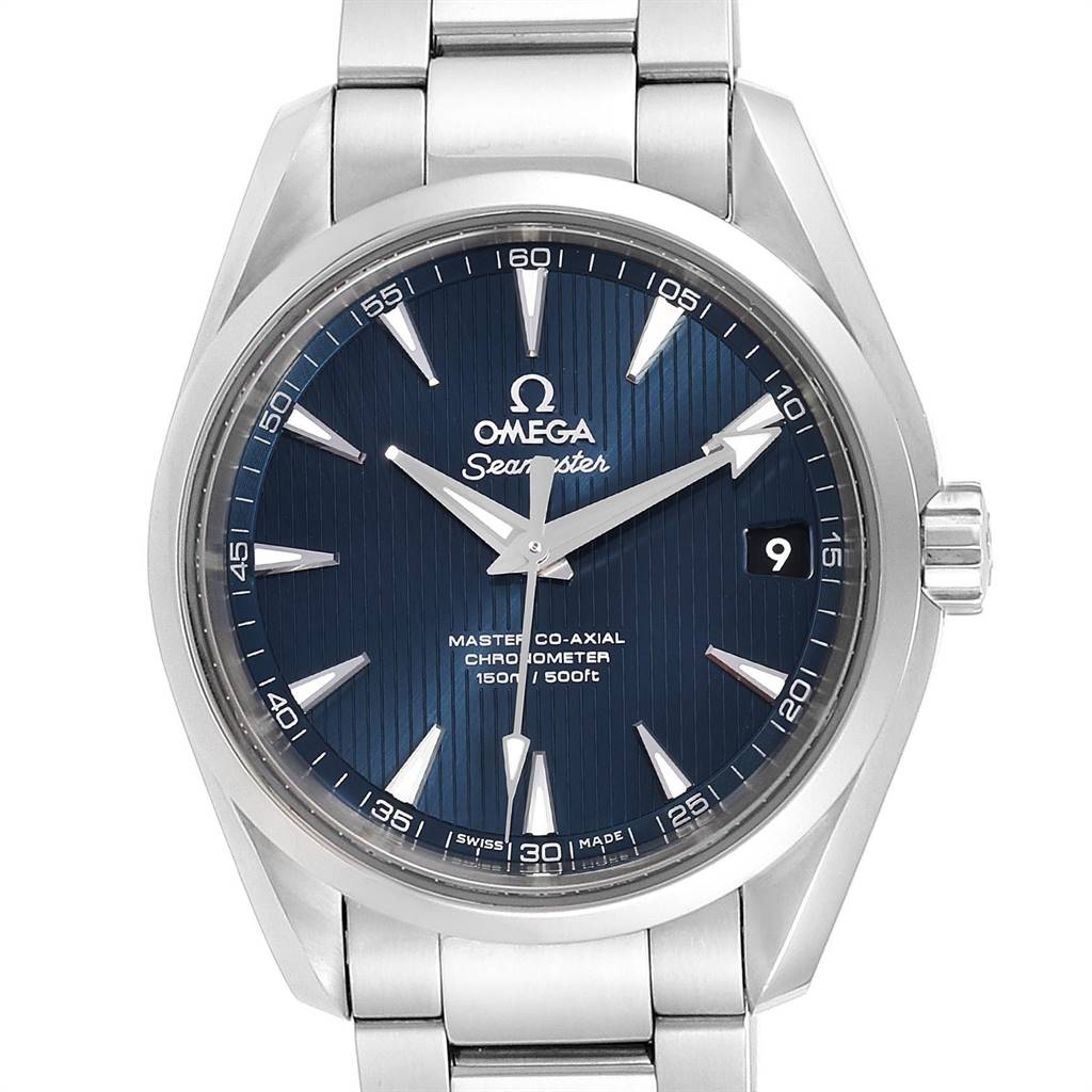 The Omega Aqua Terra 231.10.39.21.03.002 Men
s Stainless Steel Blue Dial 231.10.39.21.03.002 Men
s Stainless Steel Blue Dial watch is shown from a front angle, highlighting the blue dial, hour markers, and stainless steel bracelet.