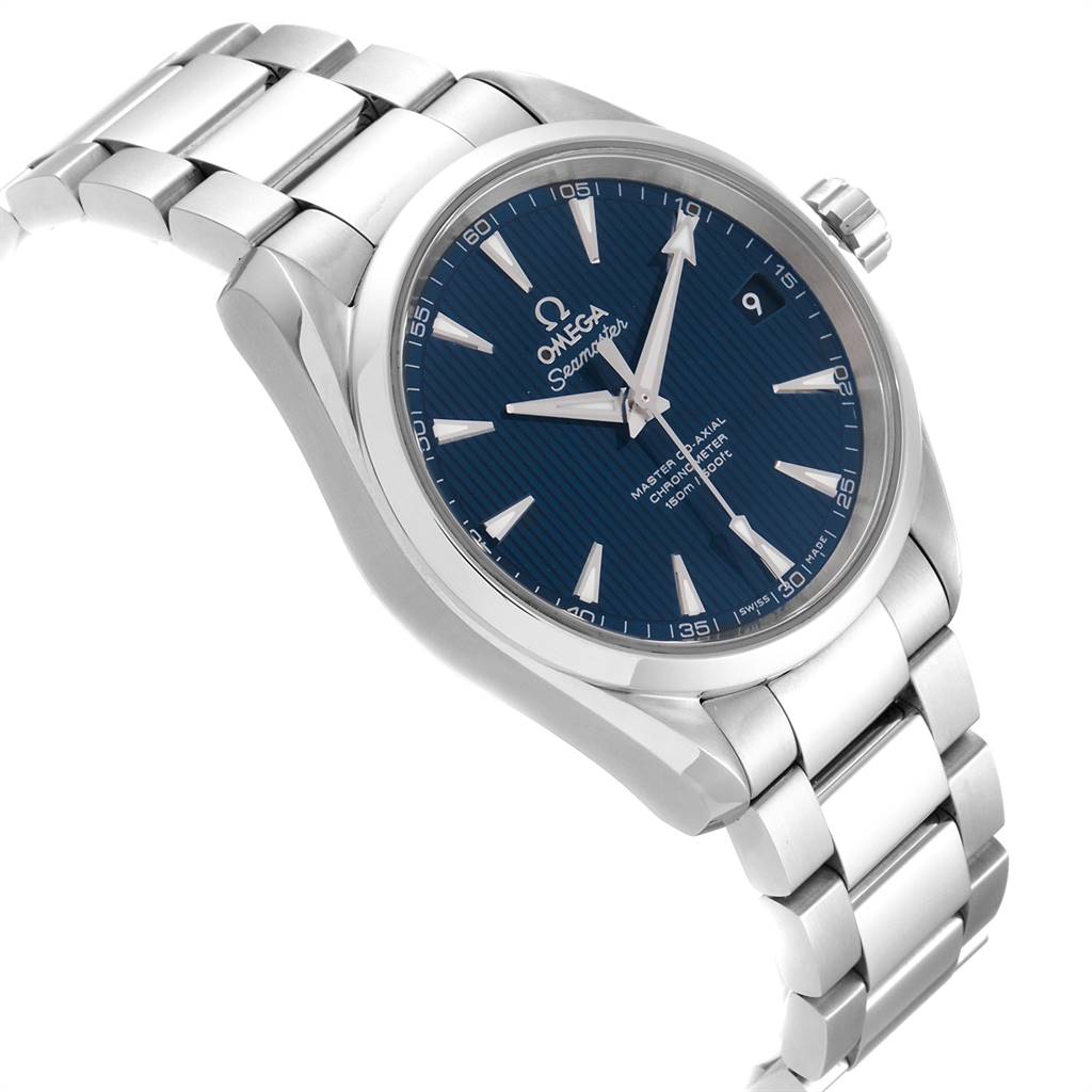 The Omega Aqua Terra 231.10.39.21.03.002 Men
s Stainless Steel Blue Dial 231.10.39.21.03.002 Men
s Stainless Steel Blue Dial watch is shown at a slight angle, displaying its blue dial, stainless steel case, and bracelet.