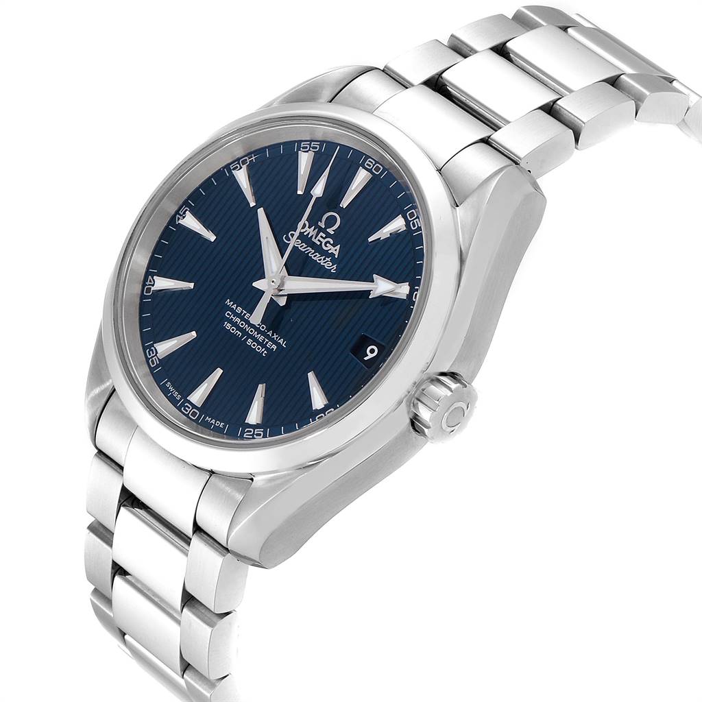 The Omega Aqua Terra 231.10.39.21.03.002 Men
s Stainless Steel Blue Dial 231.10.39.21.03.002 Men
s Stainless Steel Blue Dial watch is shown at an angle emphasizing its blue dial, metal bracelet, and crown.