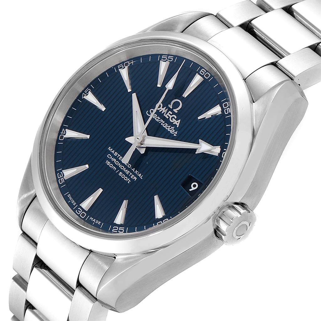 The image shows an Omega Aqua Terra 231.10.39.21.03.002 Men
s Stainless Steel Blue Dial 231.10.39.21.03.002 Men
s Stainless Steel Blue Dial watch, depicting its dial, case, crown, and part of the bracelet from a slightly angled top view.