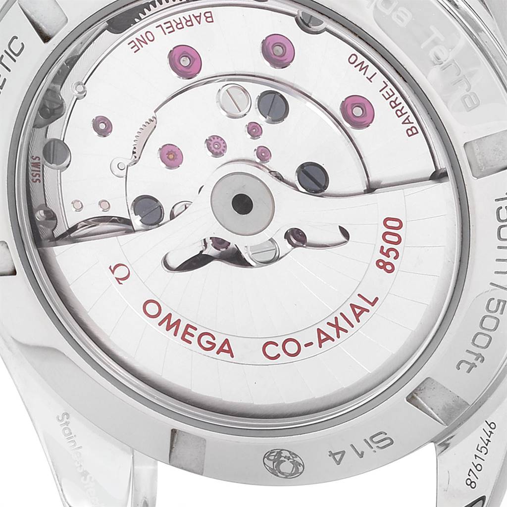 The image shows the back view of the Omega Aqua Terra 231.10.39.21.03.002 Men
s Stainless Steel Blue Dial 231.10.39.21.03.002 Men
s Stainless Steel Blue Dial watch, revealing its exposed mechanical movement and parts.