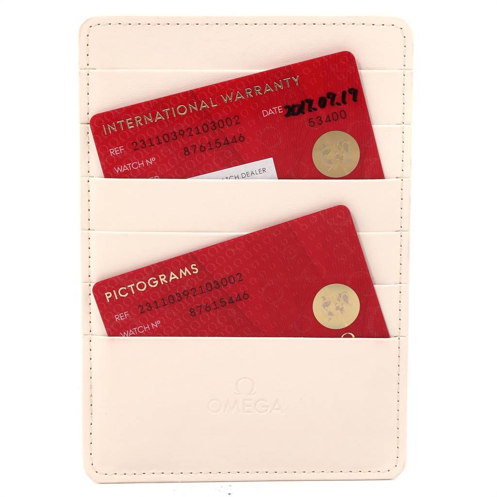 This image shows the warranty and pictograms cards for the Omega Aqua Terra 231.10.39.21.03.002 Men
s Stainless Steel Blue Dial 231.10.39.21.03.002 Men
s Stainless Steel Blue Dial model in a cream-colored cardholder.