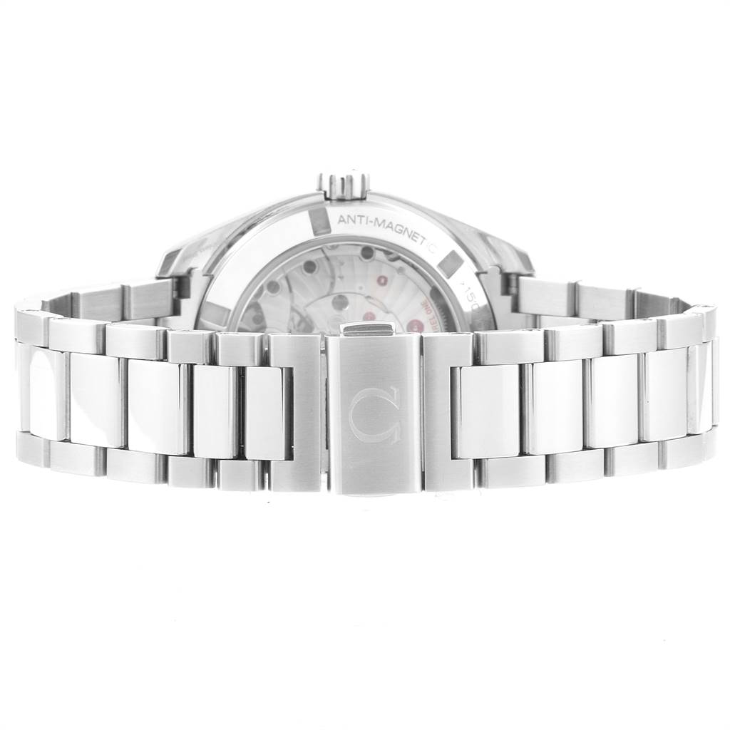 This image shows the back view of the Omega Aqua Terra 231.10.39.21.03.002 Men
s Stainless Steel Blue Dial 231.10.39.21.03.002 Men
s Stainless Steel Blue Dial watch, highlighting its bracelet and anti-magnetic feature.