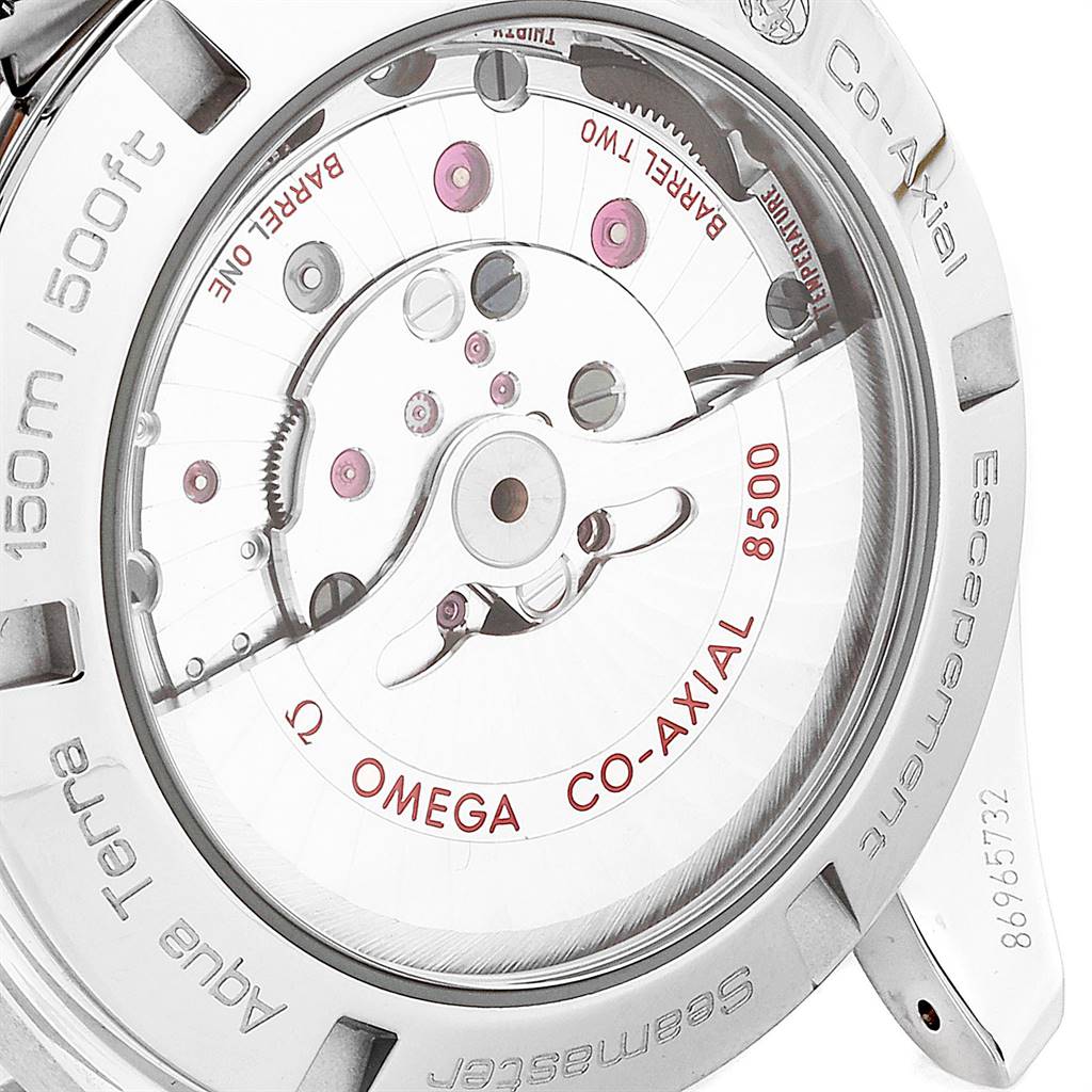This image shows the back view of the Omega Aqua Terra 231.10.42.21.03.001 Men
s Stainless Steel Silver Dial 231.10.42.21.03.001 Men
s Stainless Steel Silver Dial watch, highlighting its Co-Axial 8500 movement.