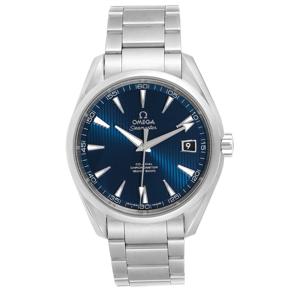 The image shows a front view of the Omega Aqua Terra 231.10.42.21.03.001 Men
s Stainless Steel Silver Dial 231.10.42.21.03.001 Men
s Stainless Steel Silver Dial watch, highlighting its blue dial and metal bracelet.