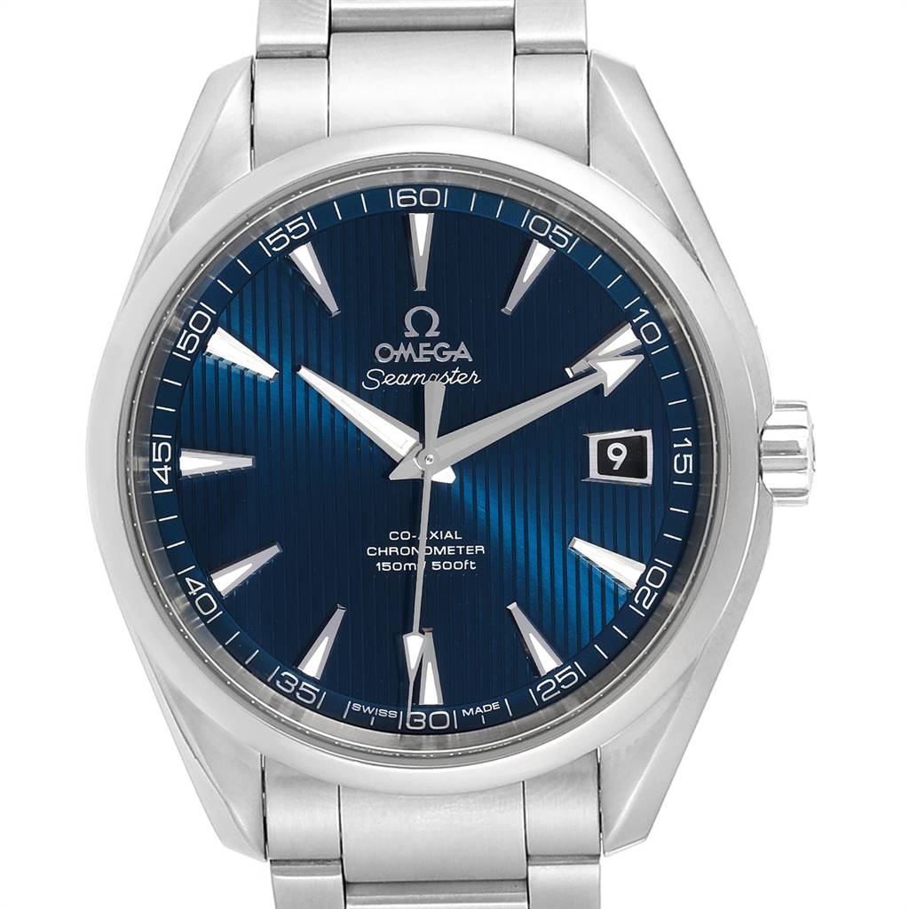 The Omega Aqua Terra 231.10.42.21.03.001 Men
s Stainless Steel Silver Dial 231.10.42.21.03.001 Men
s Stainless Steel Silver Dial watch is shown from a front angle, displaying the blue dial, indices, hands, and date window.