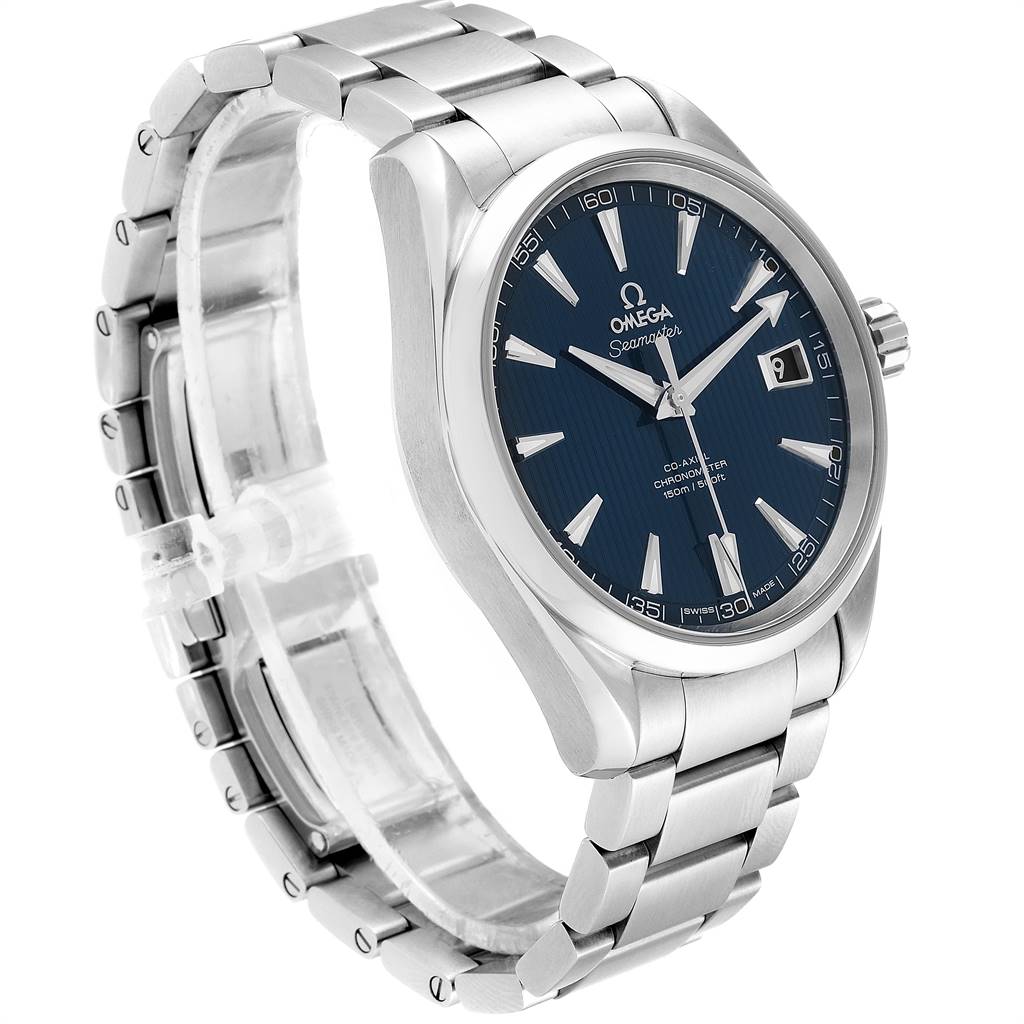 This image shows the Omega Aqua Terra 231.10.42.21.03.001 Men
s Stainless Steel Silver Dial 231.10.42.21.03.001 Men
s Stainless Steel Silver Dial watch at a 3/4 angle, displaying the face, bracelet, and crown.