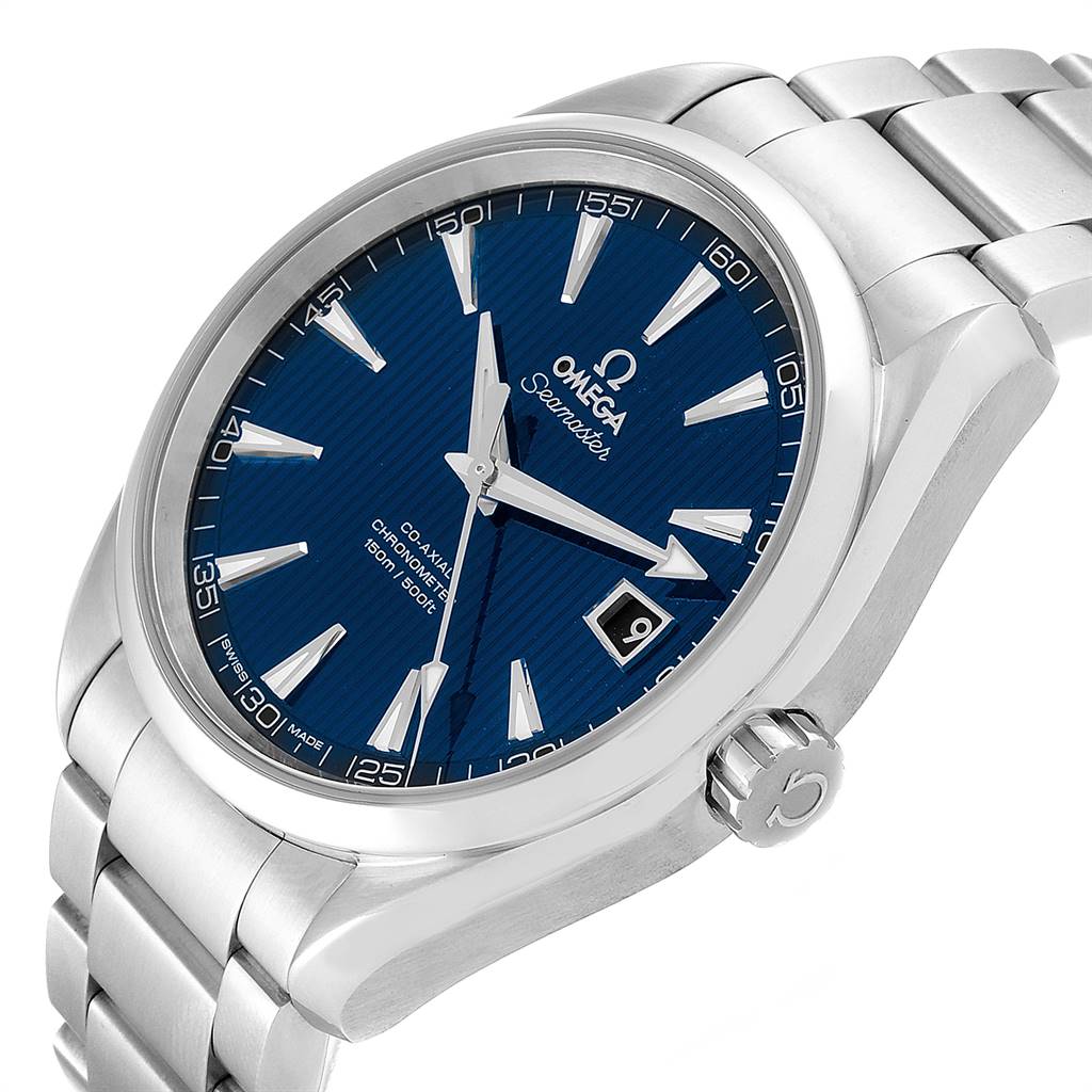 This image shows an Omega Aqua Terra 231.10.42.21.03.001 Men
s Stainless Steel Silver Dial 231.10.42.21.03.001 Men
s Stainless Steel Silver Dial watch from an oblique angle, highlighting the blue dial, case, and bracelet.