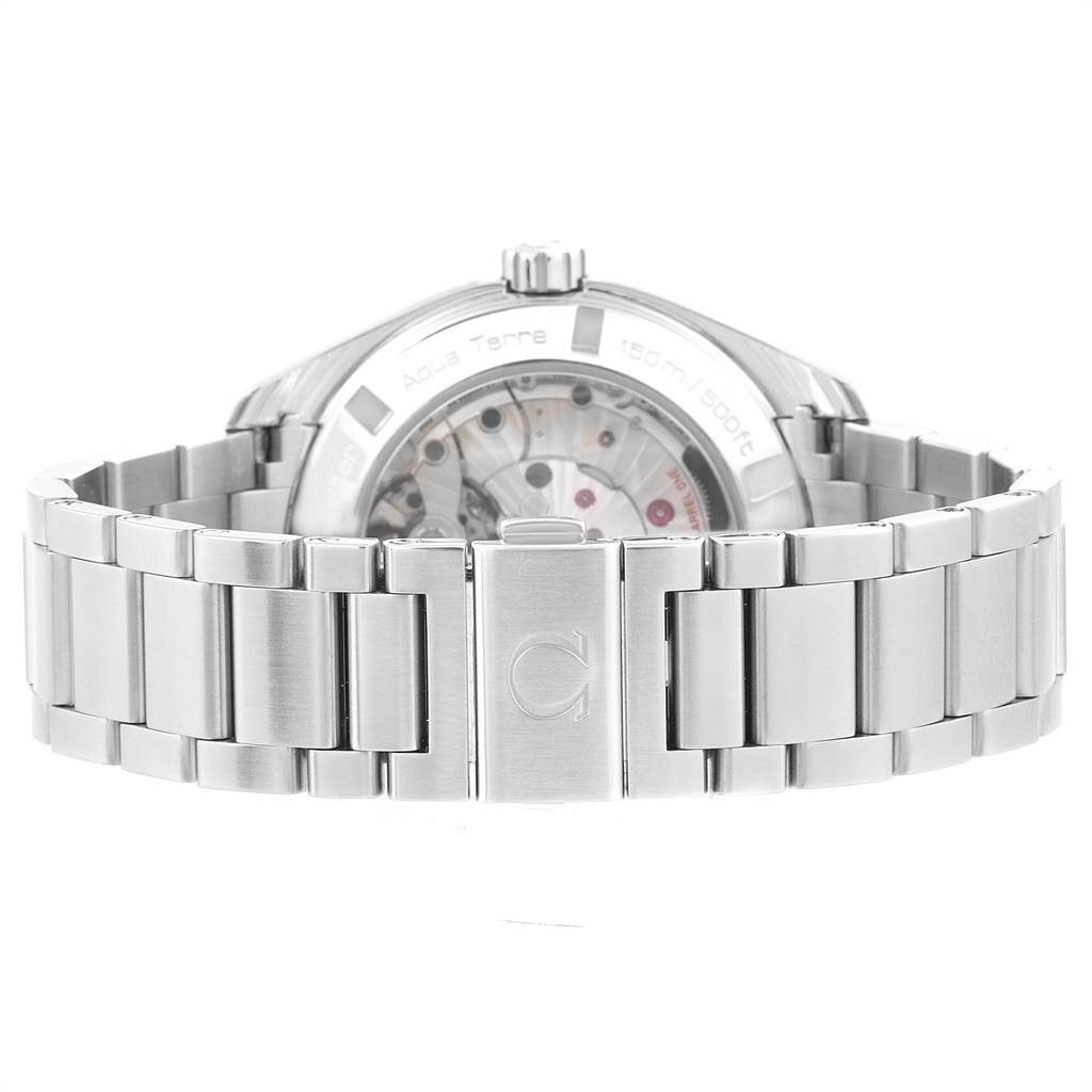 The image shows the back view of an Omega Aqua Terra 231.10.42.21.03.001 Men
s Stainless Steel Silver Dial 231.10.42.21.03.001 Men
s Stainless Steel Silver Dial watch, highlighting its stainless steel bracelet and case back.