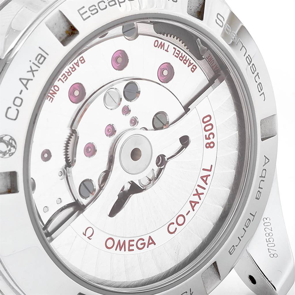 The image shows the back view of the Omega Aqua Terra 231.13.39.21.02.002 Men
s Stainless Steel Silver Dial 231.13.39.21.02.002 Men
s Stainless Steel Silver Dial watch, highlighting the Co-Axial 8500 movement.
