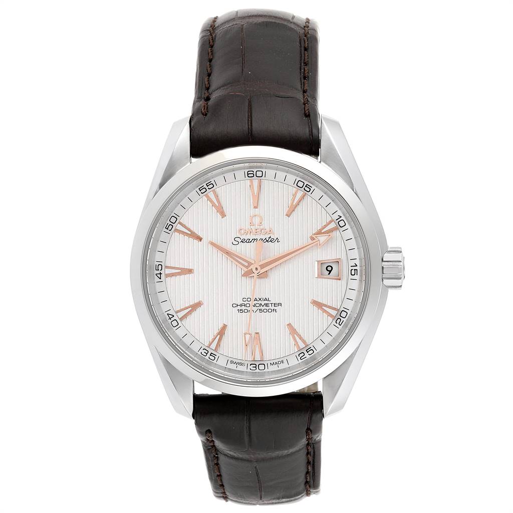 The image shows a front view of the Omega Aqua Terra 231.13.39.21.02.002 Men
s Stainless Steel Silver Dial 231.13.39.21.02.002 Men
s Stainless Steel Silver Dial watch, displaying its white dial, rose gold hands, date window, and brown leather strap.
