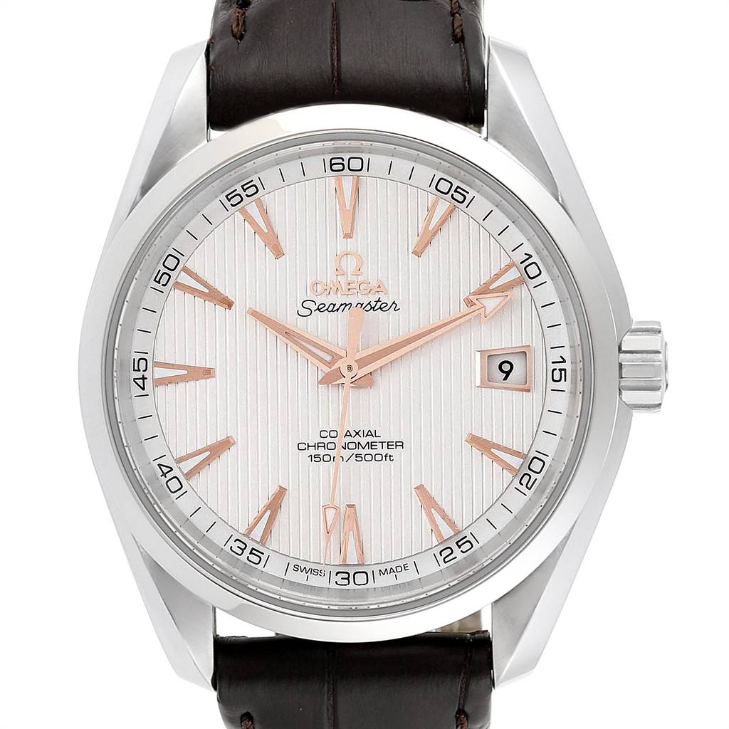 The image shows a front view of the Omega Seamaster Aqua Terra watch, displaying the dial, hands, indices, and part of the strap.