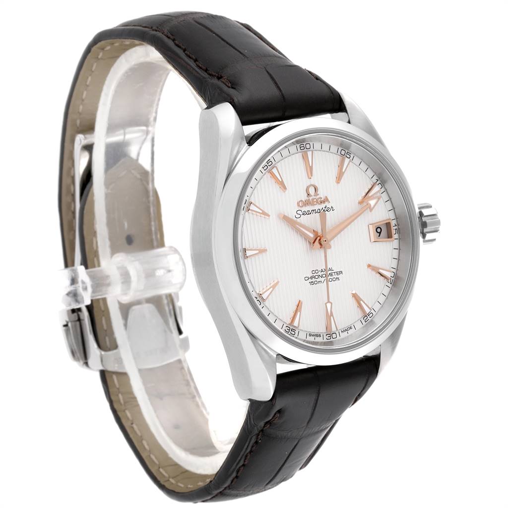 The Omega Aqua Terra 231.13.39.21.02.002 Men
s Stainless Steel Silver Dial 231.13.39.21.02.002 Men
s Stainless Steel Silver Dial watch is shown from a front-side angle, highlighting the face, hands, date window, and leather strap.