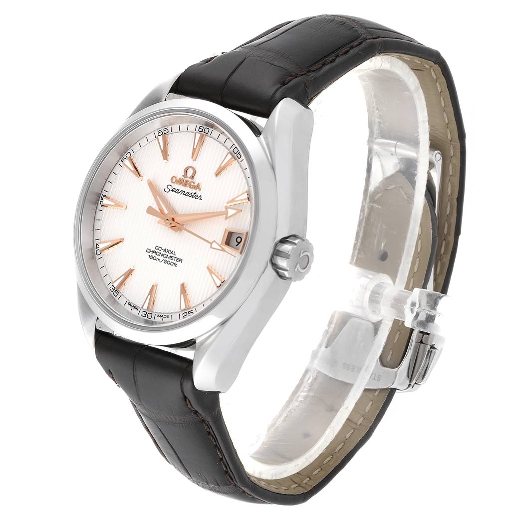 The image shows an Omega Aqua Terra 231.13.39.21.02.002 Men
s Stainless Steel Silver Dial 231.13.39.21.02.002 Men
s Stainless Steel Silver Dial watch at a three-quarter angle, displaying the face, crown, and leather strap.