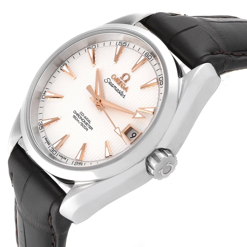 The Omega Aqua Terra 231.13.39.21.02.002 Men
s Stainless Steel Silver Dial 231.13.39.21.02.002 Men
s Stainless Steel Silver Dial watch is shown at a slight angle, featuring its face, crown, and leather strap.