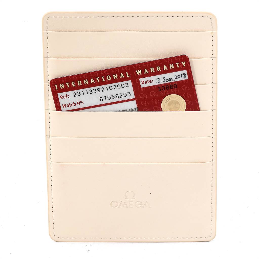 The image shows a warranty cardholder for the Omega Aqua Terra 231.13.39.21.02.002 Men
s Stainless Steel Silver Dial 231.13.39.21.02.002 Men
s Stainless Steel Silver Dial model watch, containing an international warranty card.