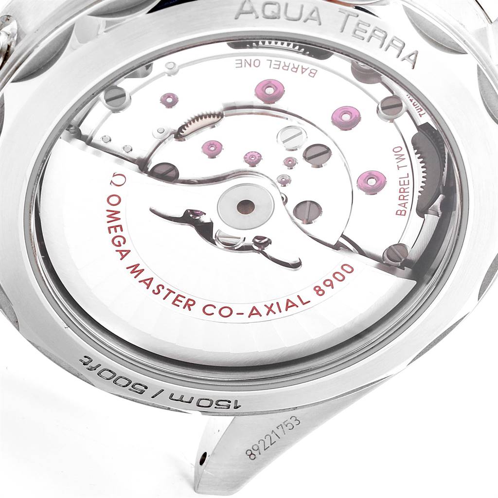 The image shows the back view of the Omega Aqua Terra 220.10.41.21.02.001 Men
s Stainless Steel Silver Dial 220.10.41.21.02.001 Men
s Stainless Steel Silver Dial model, revealing the Omega Master Co-Axial 8900 movement.