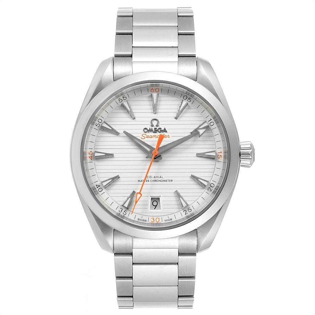 The Omega Aqua Terra 220.10.41.21.02.001 Men
s Stainless Steel Silver Dial 220.10.41.21.02.001 Men
s Stainless Steel Silver Dial watch is shown from a front angle, displaying its face, bezel, dial, hands, and bracelet.