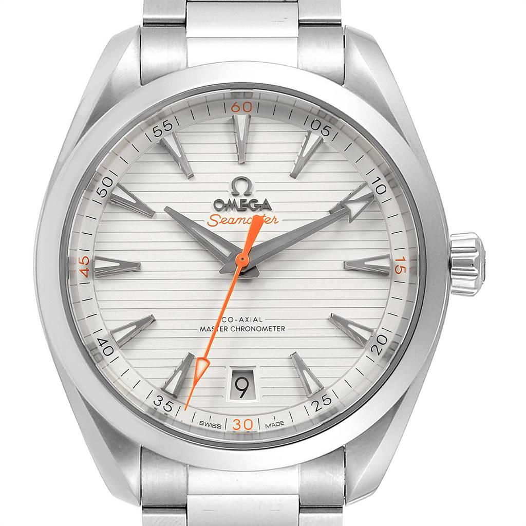 The image shows the face of an Omega Aqua Terra 220.10.41.21.02.001 Men
s Stainless Steel Silver Dial 220.10.41.21.02.001 Men
s Stainless Steel Silver Dial watch, including the dial, hands, date window, and part of the bracelet.