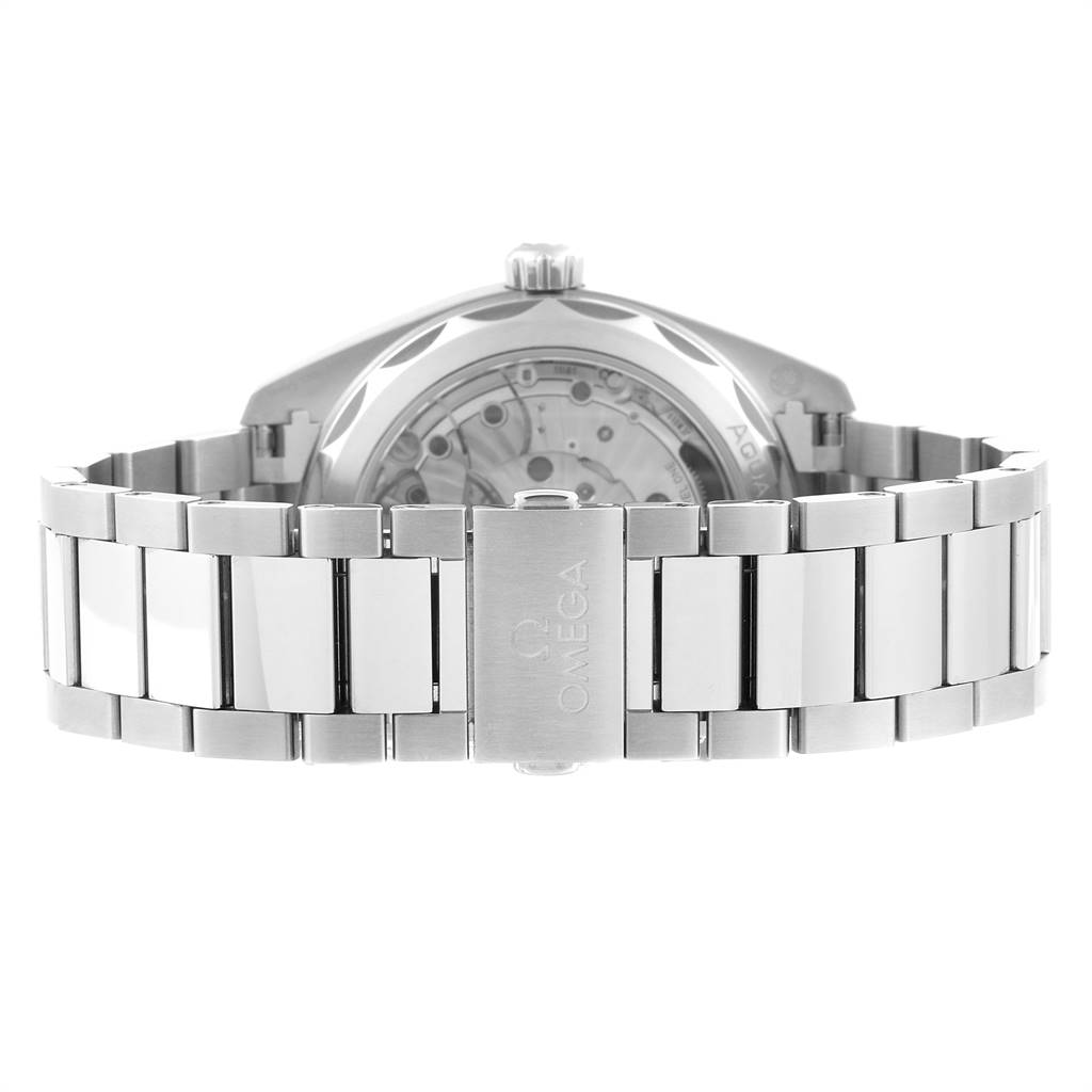 The photo shows the back view of the Omega Aqua Terra 220.10.41.21.02.001 Men
s Stainless Steel Silver Dial 220.10.41.21.02.001 Men
s Stainless Steel Silver Dial watch, highlighting its stainless steel bracelet and clasp.