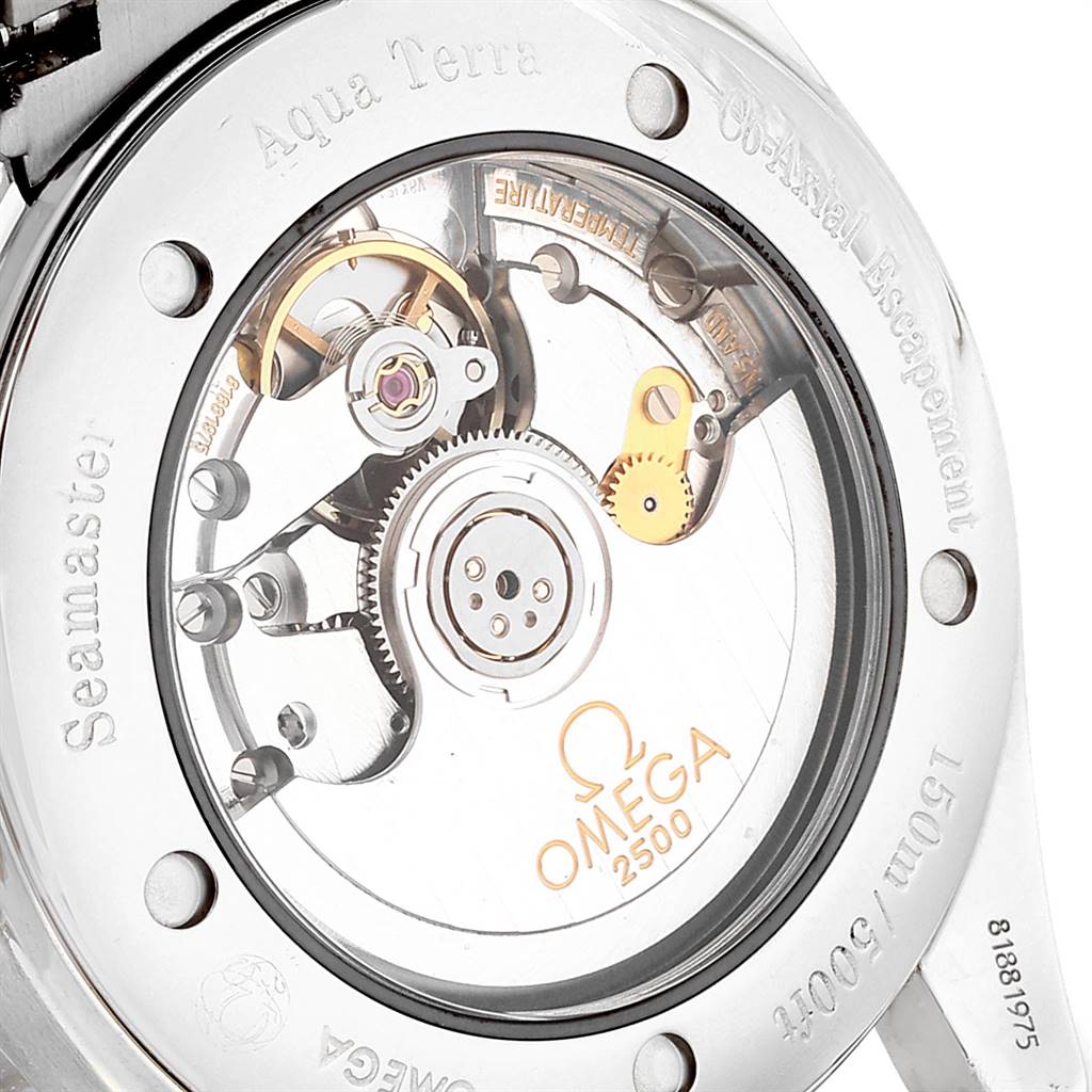 The image shows the back view of the Omega Aqua Terra 2503.80.00 Men
s Stainless Steel Blue Dial 2503.80.00 Men
s Stainless Steel Blue Dial watch, highlighting its 2500 Co-Axial movement and intricate mechanical parts.