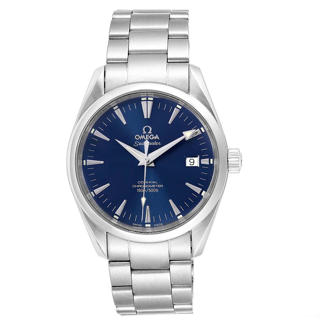 The image shows a front view of an Omega Aqua Terra 2503.80.00 Men
s Stainless Steel Blue Dial 2503.80.00 Men
s Stainless Steel Blue Dial watch, displaying the dial, bracelet, and crown.