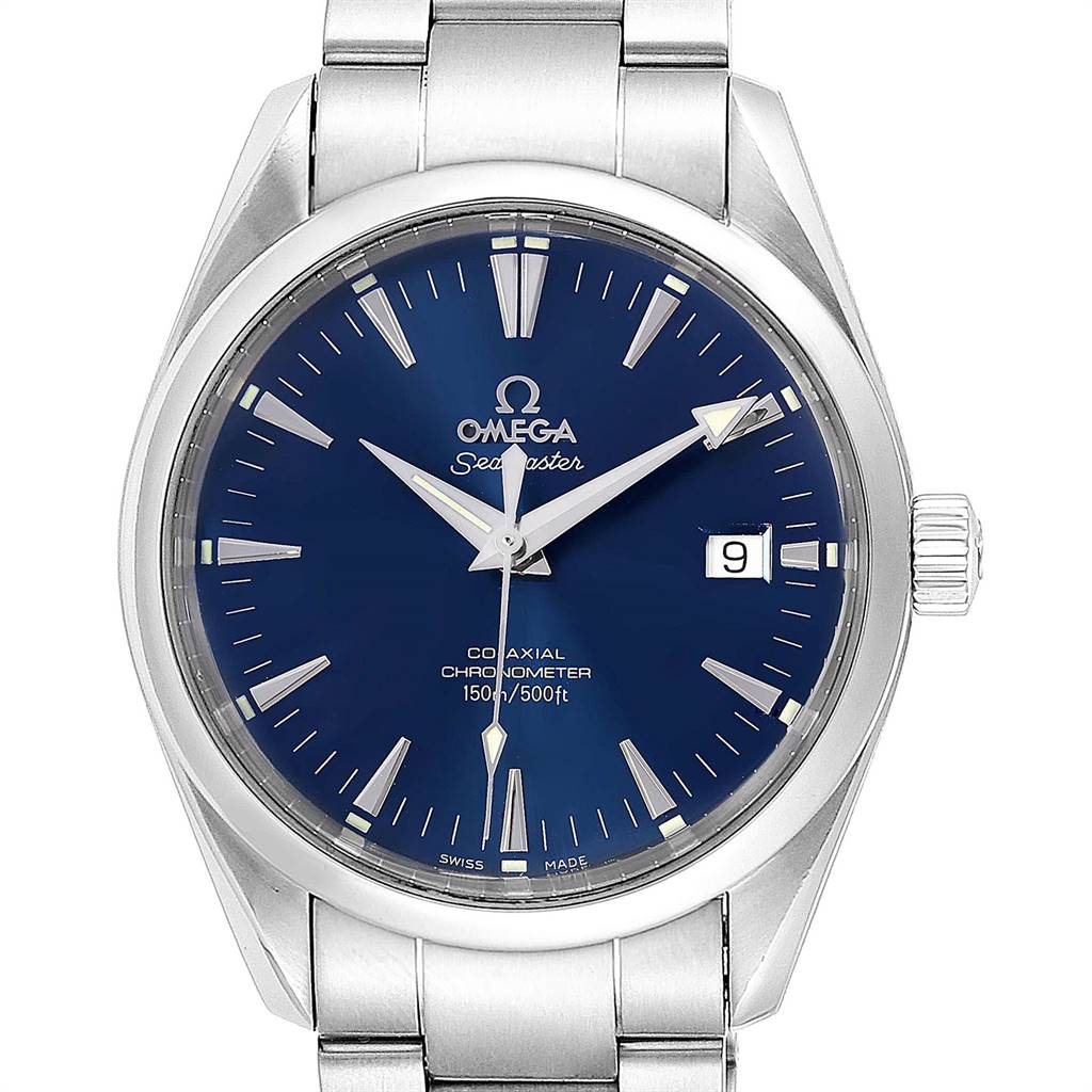 The image shows a frontal view of the Omega Aqua Terra 2503.80.00 Men
s Stainless Steel Blue Dial 2503.80.00 Men
s Stainless Steel Blue Dial Seamaster watch with a blue dial and date window.