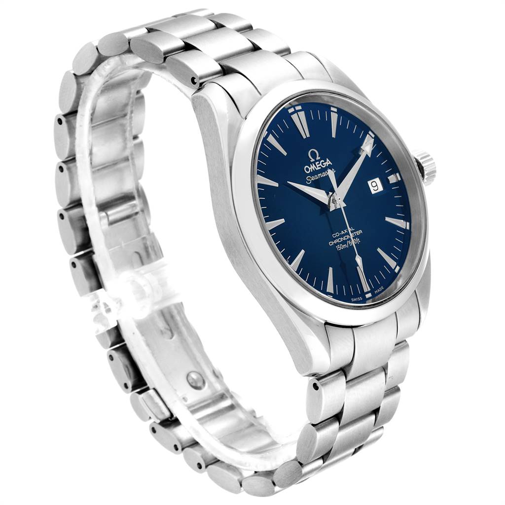 The Omega Aqua Terra 2503.80.00 Men
s Stainless Steel Blue Dial 2503.80.00 Men
s Stainless Steel Blue Dial watch is shown at a three-quarter angle, highlighting its blue dial, stainless steel bracelet, and crown.